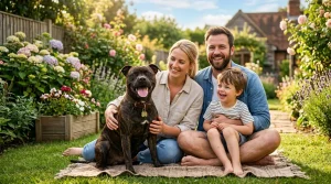Stafordšírský bulteriér s rodinou na zahradě Nanny Dog průvodce